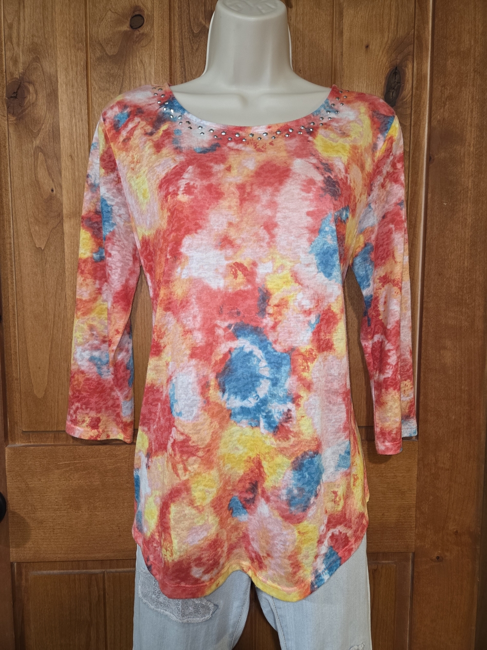 Ruby Rd. Multicolor Scoop Neck 3/4 Sleeve Top with Studded Accents